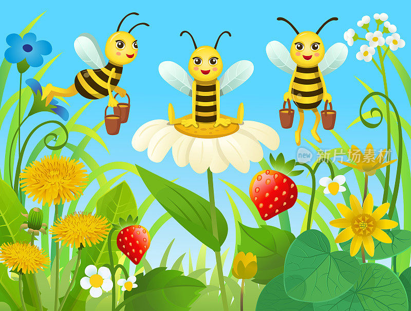 Landscape with cartoon bees on the flower meadow. Ð¡ute cartoon bees. Cartoon bees  on flower field. Illustration for children